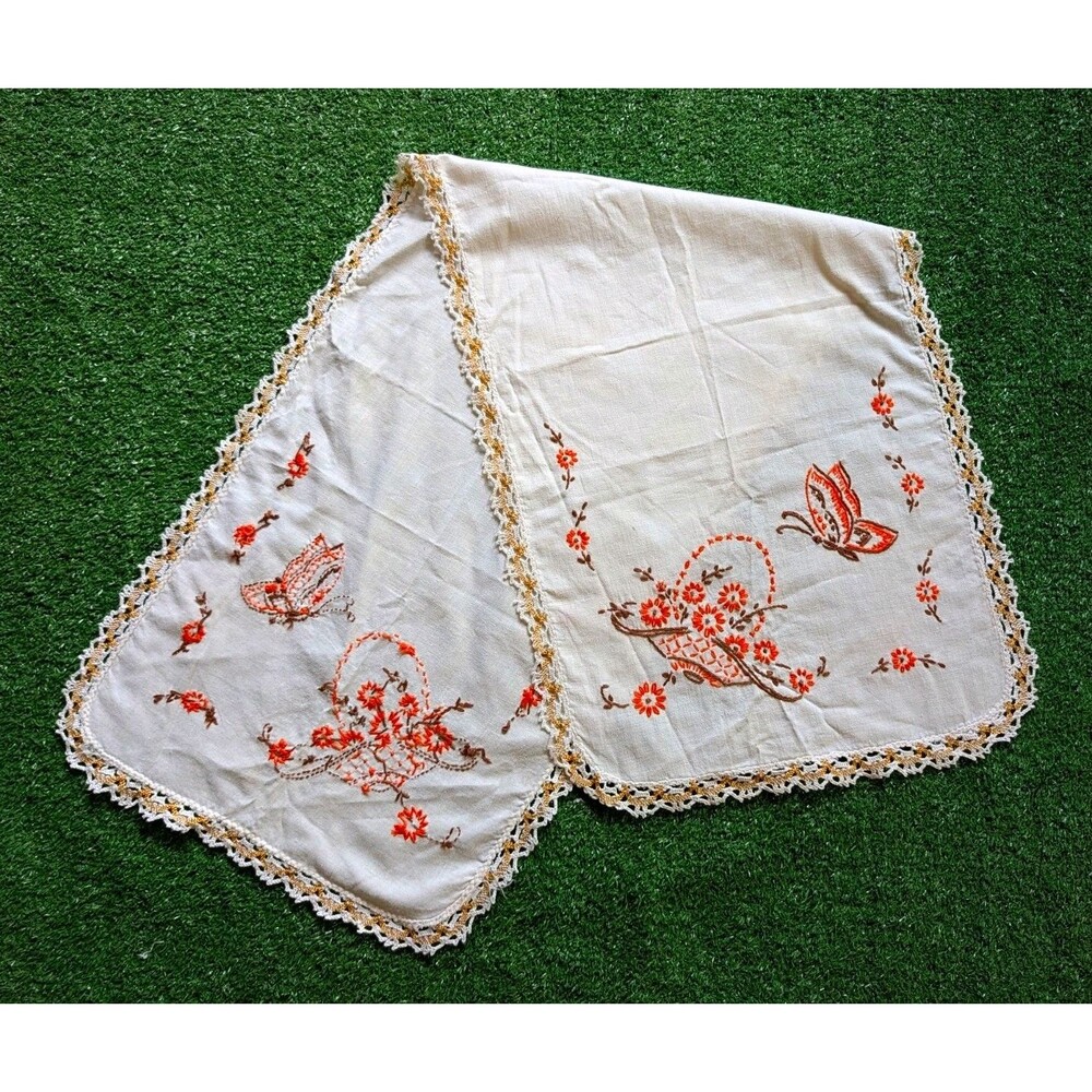 Vintage Linen Embroidered Runner Lace Trim White Orange Floral Butterfly 36x12